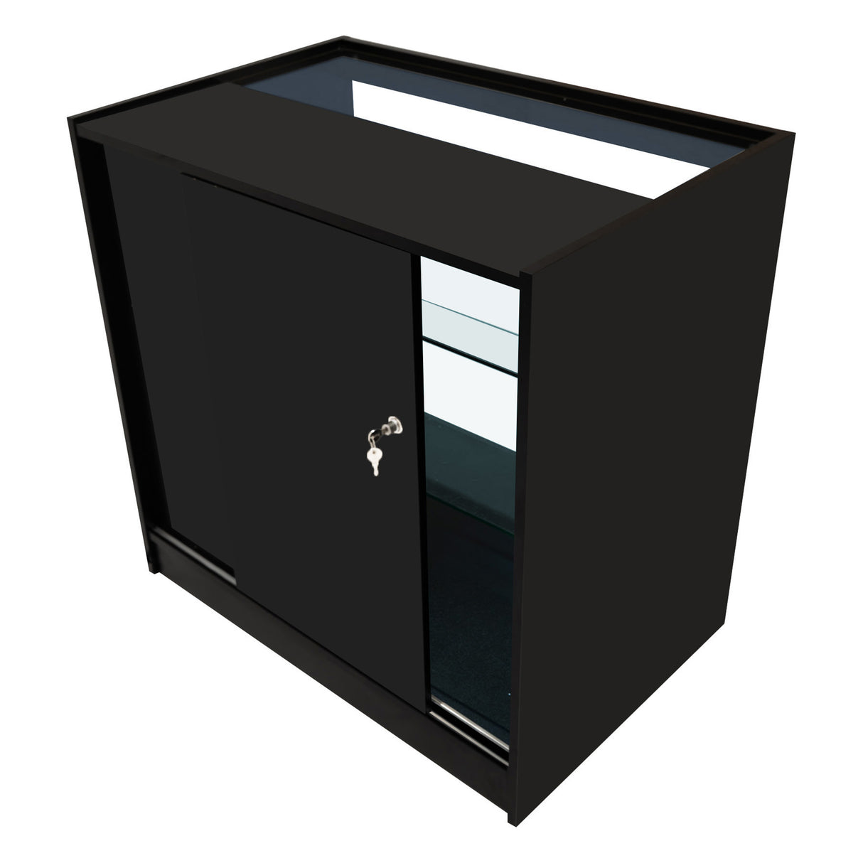 Bancone Vega LED K900, C900, TB60 e CM60 in nero, con ante scorrevoli, vetro trasparente e finitura lucida, elegante e moderno