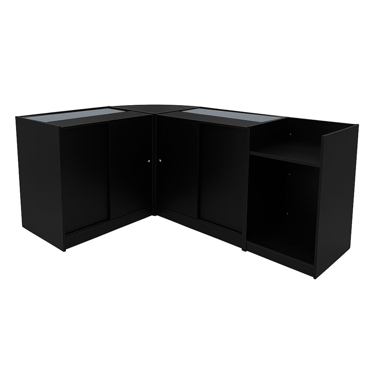 Set banconi angolari Vega in nero, con finiture lucide e ripiani in vetro, ideale per esposizione e arredamento moderno