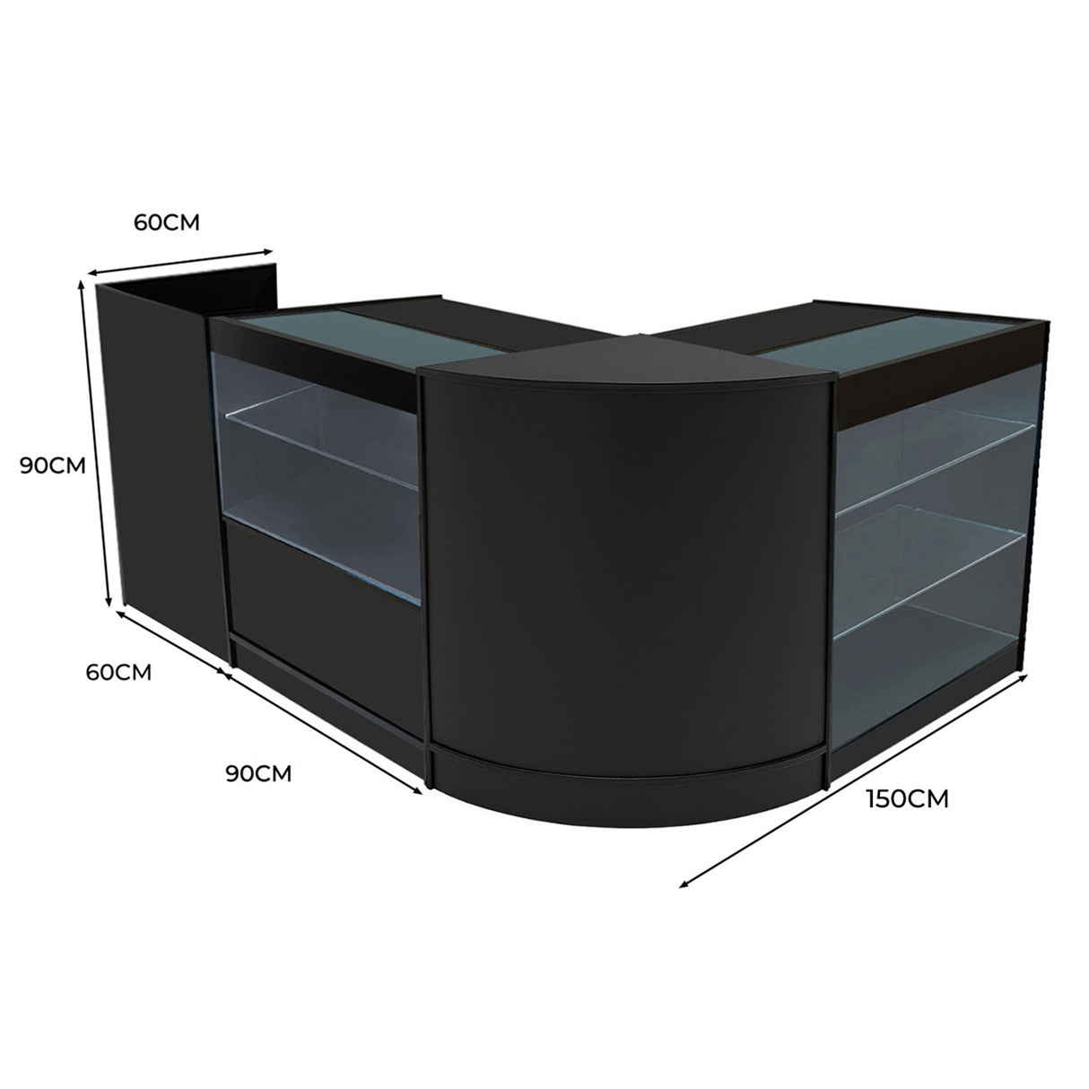 Set banconi angolari Vega LED in nero, con ripiani in vetro trasparente, misure 150x90x60 cm, design moderno e funzionale