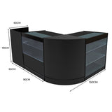 Set banconi angolari Vega LED in nero, con ripiani in vetro trasparente, misure 150x90x60 cm, design moderno e funzionale