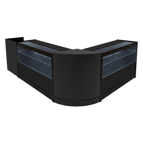 Set banconi negozio Phoenix LED nero, design elegante con finitura liscia, vetrine trasparenti e angolo curvo per esposizione ottimale