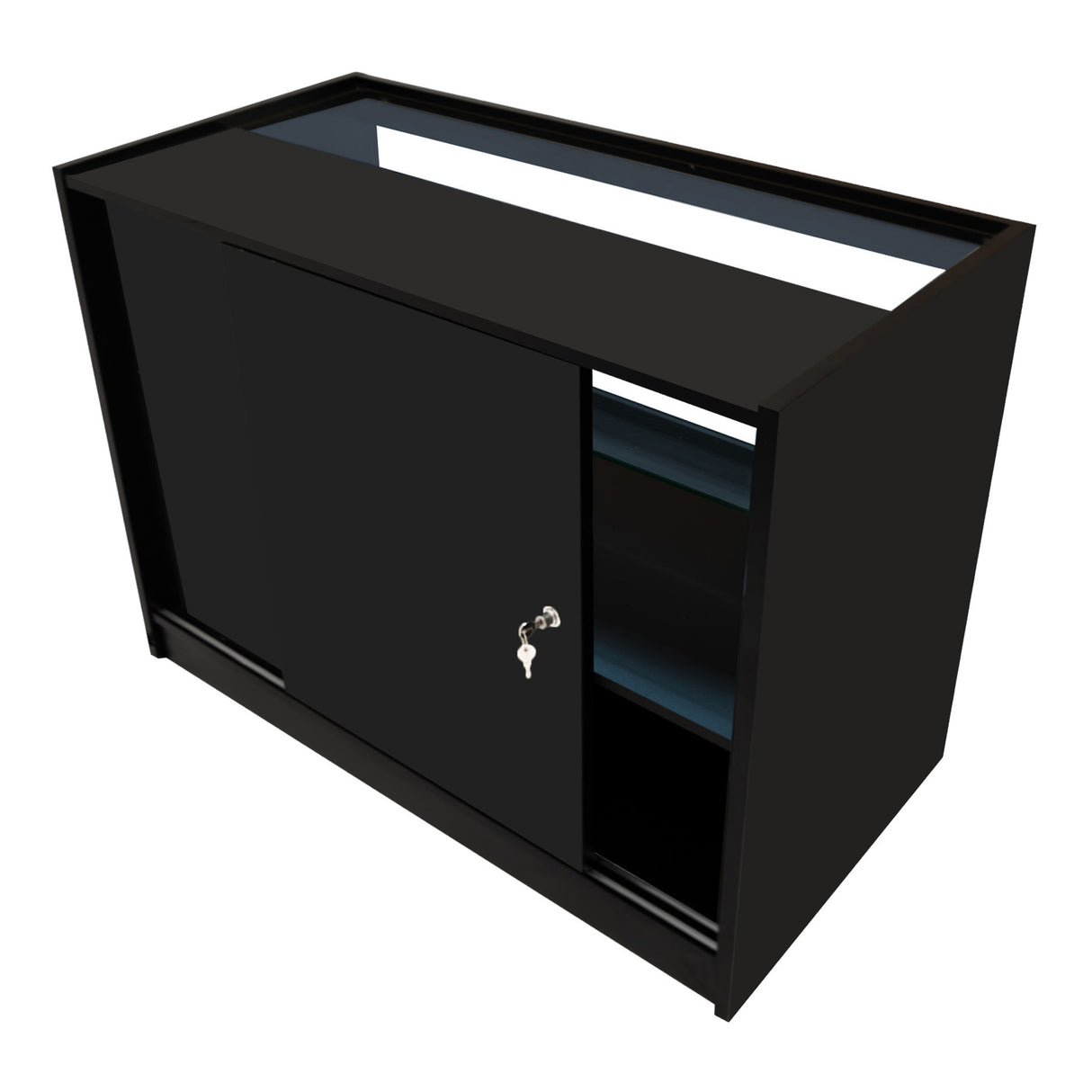 Bancone negozio Phoenix LED nero con ante scorrevoli, ripiani interni e illuminazione LED, design moderno e elegante