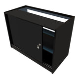 Bancone negozio Phoenix LED nero con ante scorrevoli, ripiani interni e illuminazione LED, design moderno e elegante