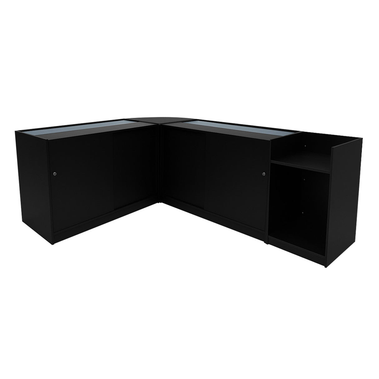 Set banconi negozio Phoenix LED in nero, con finitura liscia, ante in vetro e design angolare elegante, ideale per esposizione prodotti
