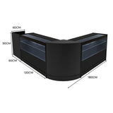 Set banconi negozio Phoenix LED nero, design moderno, linee curve, misure 60cm, 90cm e 120cm, con ripiani trasparenti e illuminazione LED integrata
