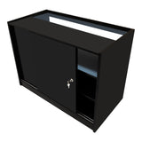 Set banconi Gravity LED in nero, con ante scorrevoli e ripiani interni, design moderno e finitura lucida per un aspetto elegante