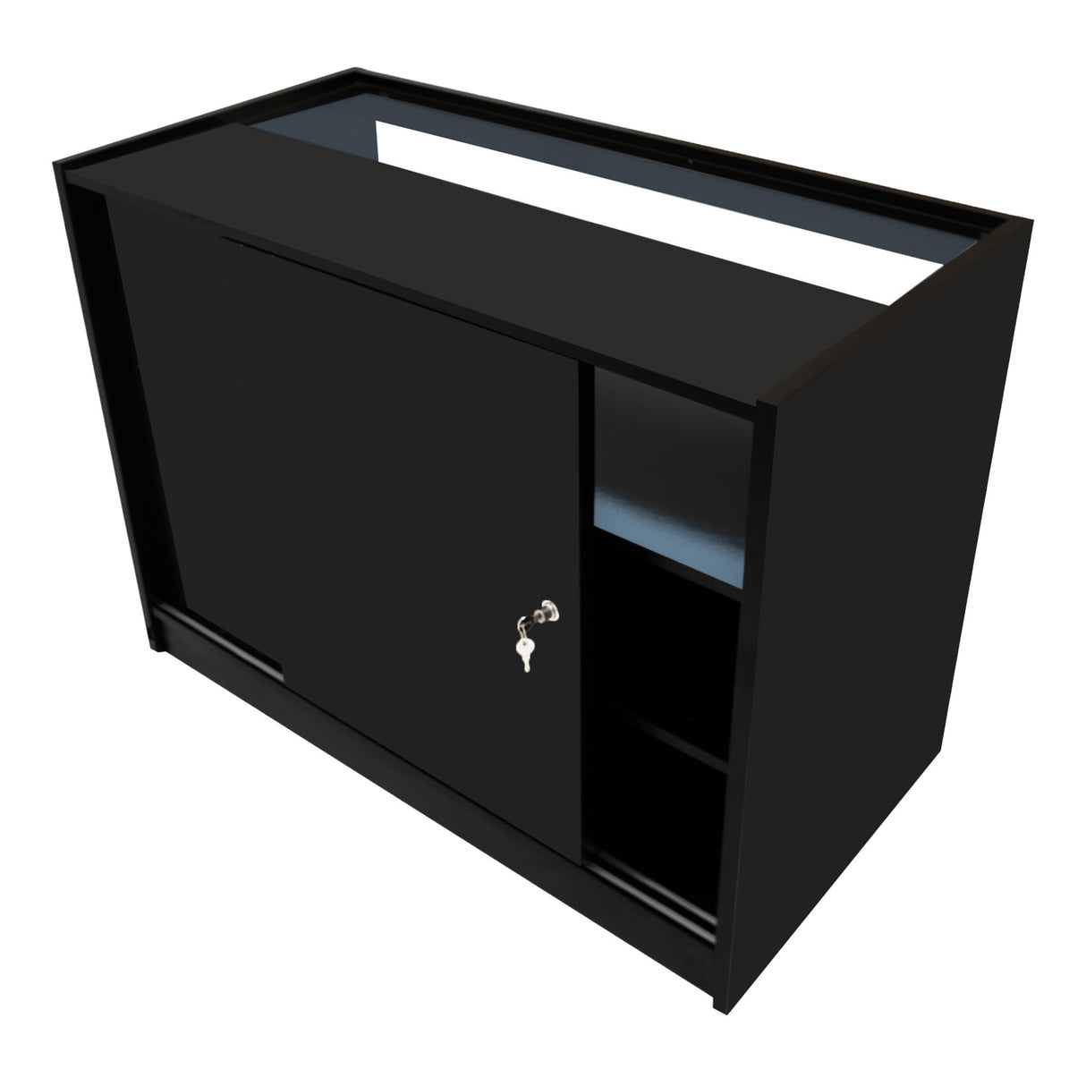 Bancone negozio Polaris LED in nero, con ante scorrevoli, ripiani interni e finitura lucida, ideale per esposizione e stoccaggio