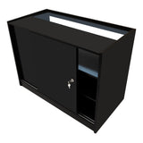 Bancone negozio Polaris LED in nero, con ante scorrevoli, ripiani interni e finitura lucida, ideale per esposizione e stoccaggio