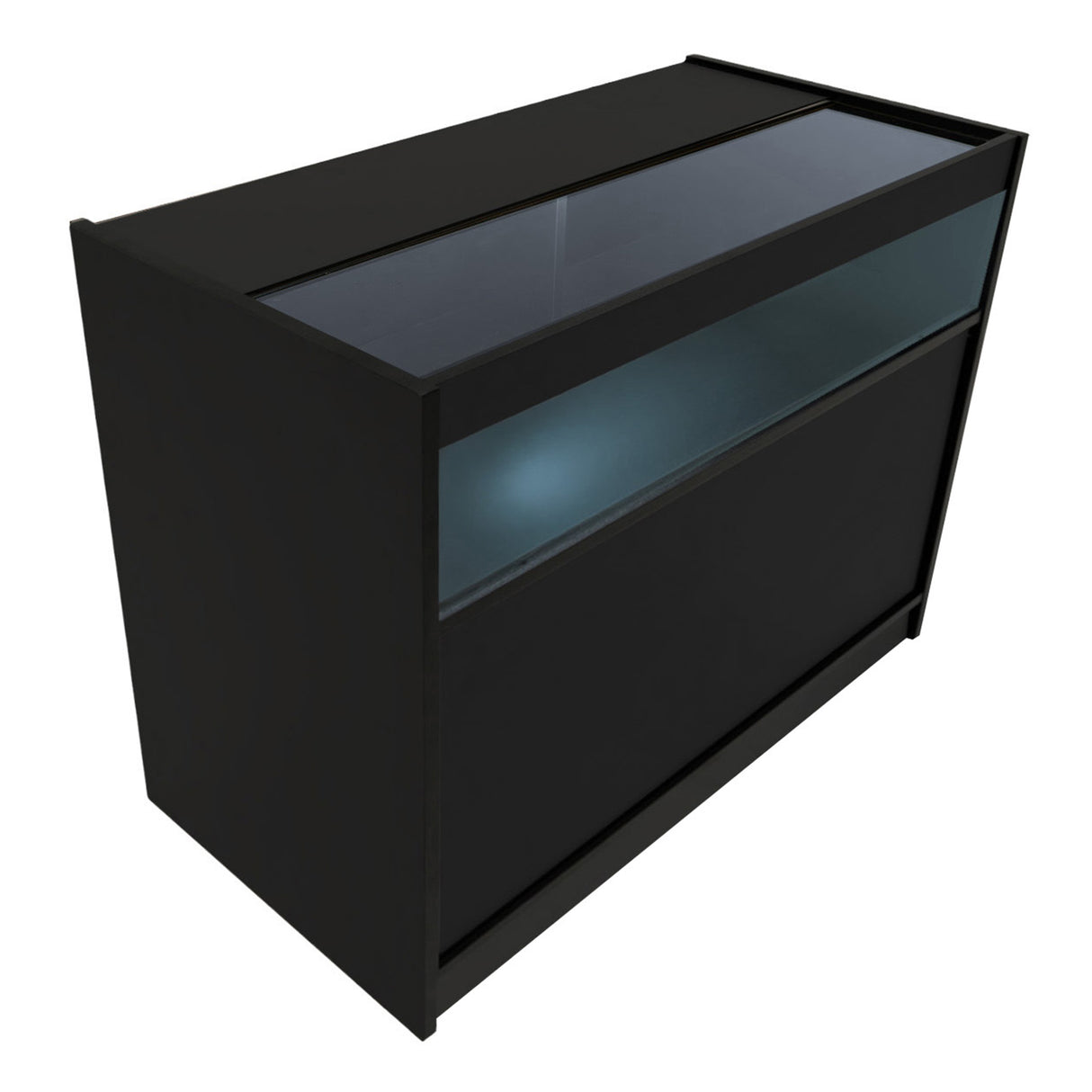 Bancone negozio Polaris LED in nero, con superficie in vetro e illuminazione interna, design moderno e linee eleganti