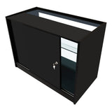 Set banconi Vega LED in nero, con ante scorrevoli, ripiani in vetro e chiusura a chiave, ideale per esposizione e arredamento moderno