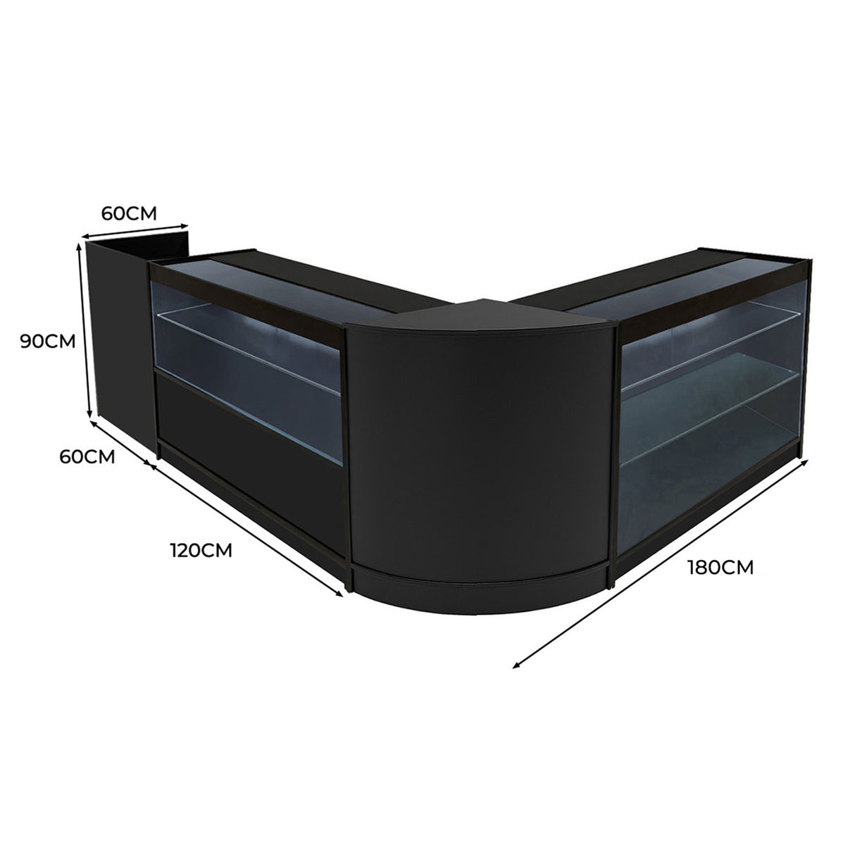 Set banconi Vega LED in nero, design moderno con angolo, mensole trasparenti e misure di 120x180x90 cm, ideale per esposizione