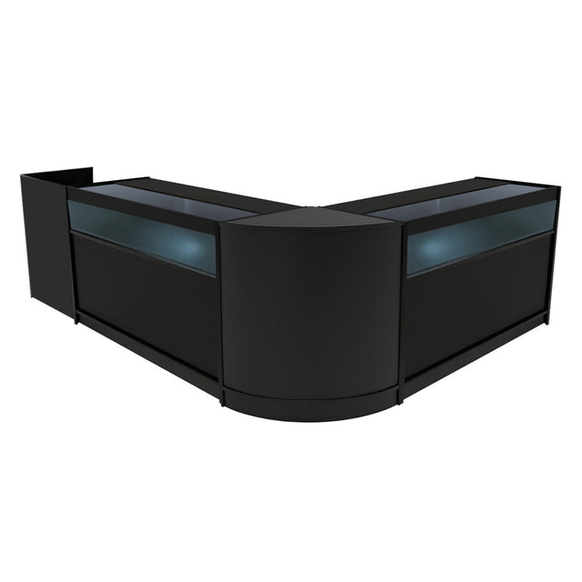 Set banconi negozio Luna LED in nero, design moderno con superfici lisce e illuminazione LED, ideale per esposizione prodotti