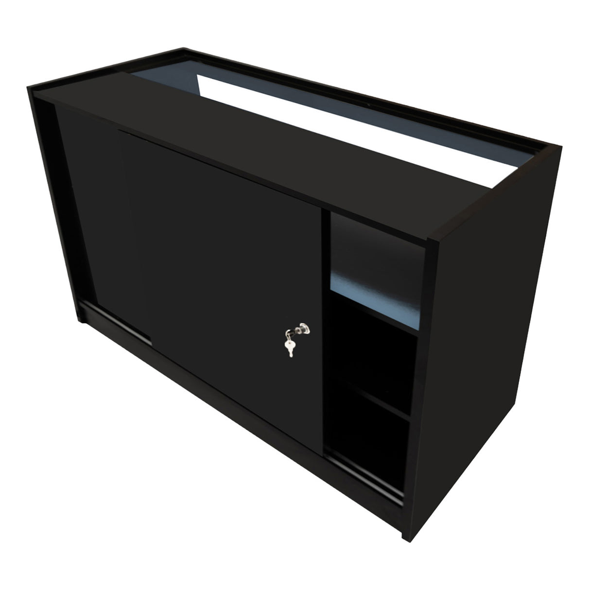 Set banconi negozio Luna LED in nero, con finitura liscia, ante scorrevoli e ripiani interni, ideale per esposizione e stoccaggio
