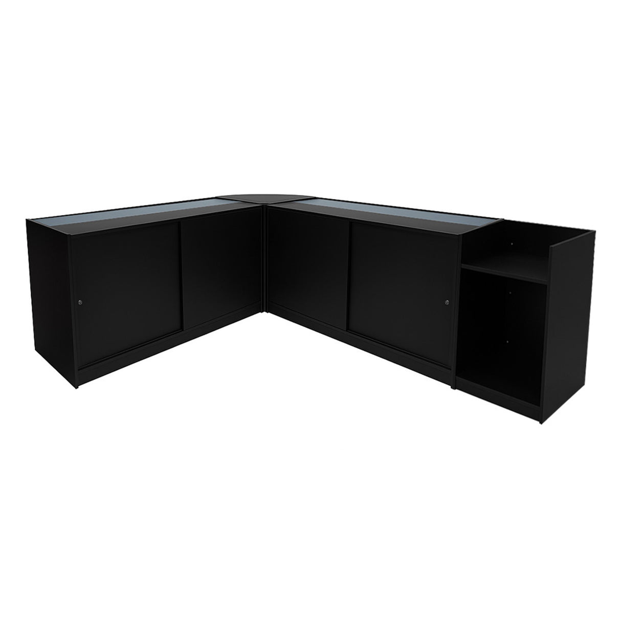 Set banconi negozio angolare in nero, con ripiani in vetro e finiture moderne, ideale per esposizione e vendita di prodotti