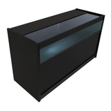 Set banconi negozio Luna LED in nero, con vetro trasparente e illuminazione blu, design moderno e linee eleganti per esposizione prodotti