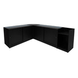 Set banconi negozio Phoenix LED in nero, design angolare con ripiani in vetro e finitura opaca, ideale per esposizione prodotti