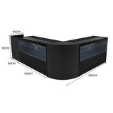 Set banconi negozio Phoenix LED nero con finitura lucida, angolare, misure 60x60x90 cm, 150 cm di lunghezza, vetrine trasparenti