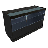 Set banconi negozio Phoenix LED nero, con superficie liscia, vetro trasparente e illuminazione LED, design moderno e elegante