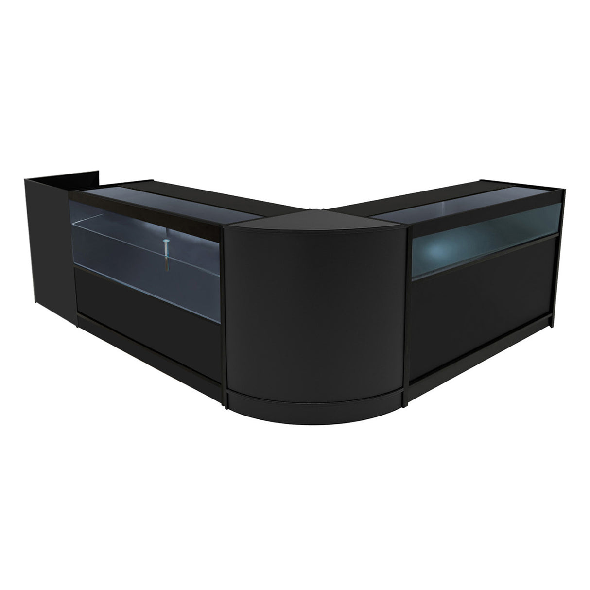 Set banconi Gravity LED in nero, design elegante e moderno, con superfici lisce e vetrine illuminate per esposizione prodotti
