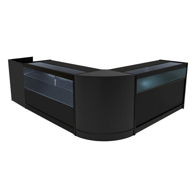 Set banconi Gravity LED in nero, design elegante e moderno, con superfici lisce e vetrine illuminate per esposizione prodotti