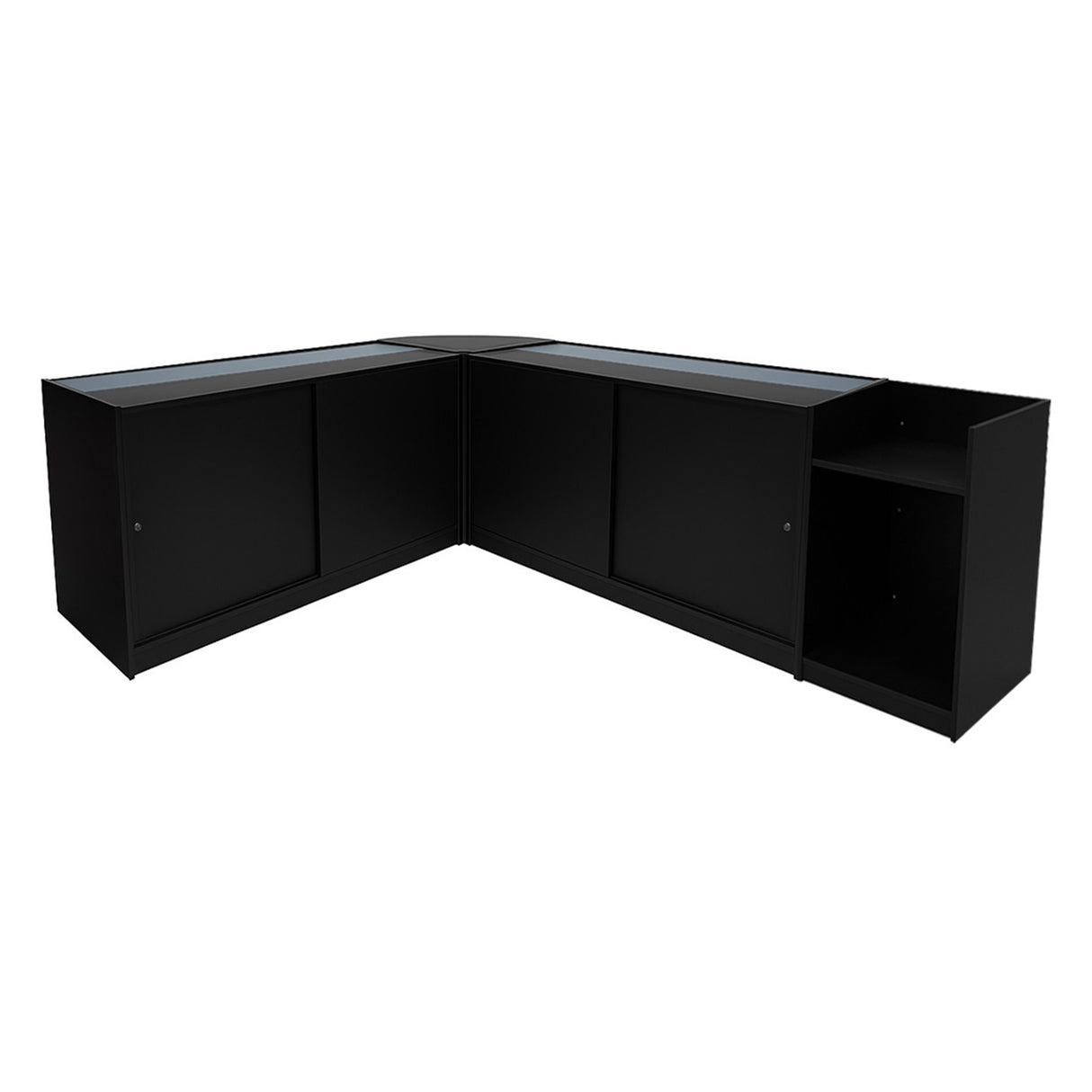 Set banconi angolari Gravity LED in nero, con superficie in vetro, design moderno e finitura liscia, ideale per esposizione e arredamento