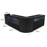 Set di banconi Gravity LED in nero, design angolare, con ripiani in vetro e illuminazione integrata, dimensioni 210x150x90 cm