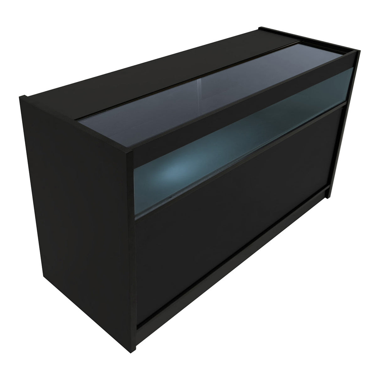 Bancone Gravity LED B1500, C1500, TB60 e CM60 in nero, con superficie liscia e vetro trasparente per un design elegante e moderno