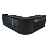 Set banconi negozio Polaris LED in nero, con superfici lucide, ripiani in vetro e design moderno a forma di L per esposizione prodotti
