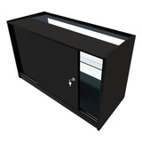 Bancone negozio Polaris LED in nero, con ante scorrevoli, ripiani in vetro e illuminazione integrata per un'esposizione elegante