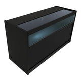 Bancone negozio Polaris LED in nero, con superficie in vetro trasparente e illuminazione interna, design moderno e elegante