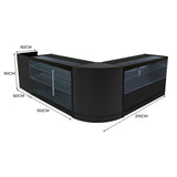 Set banconi Vega LED in nero, design angolare elegante con ripiani in vetro, dimensioni 210x150x90 cm, ideale per esposizione prodotti