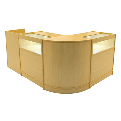 Set banconi negozio Luna LED in legno d'acero chiaro, design curvo con ripiani illuminati, ideale per esposizione prodotti