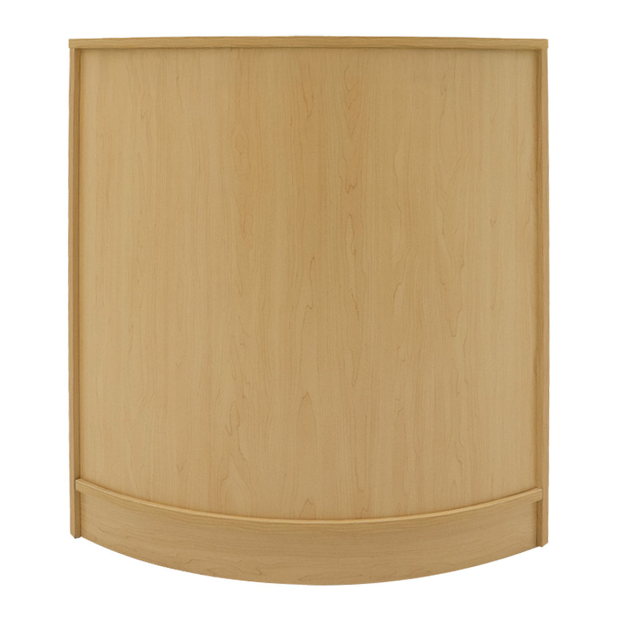 Bancone negozio curvo in legno d'acero chiaro, superficie liscia e finitura elegante, ideale per esposizioni e arredamento commerciale