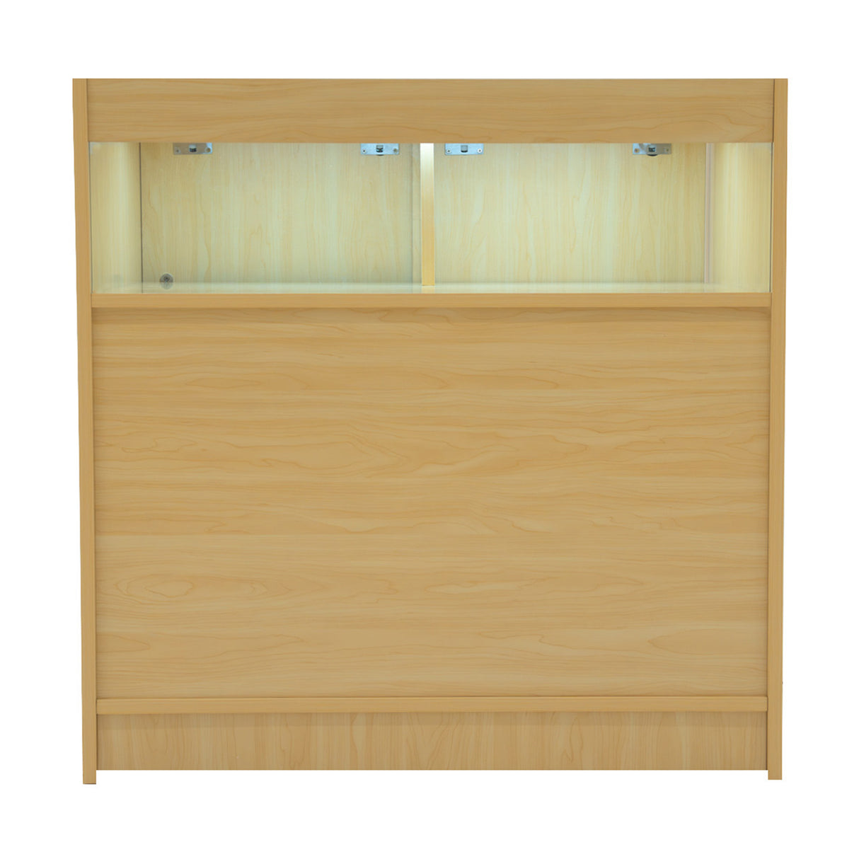 Bancone negozio in legno d'acero chiaro con illuminazione LED, design moderno e superficie liscia, ideale per esposizione prodotti
