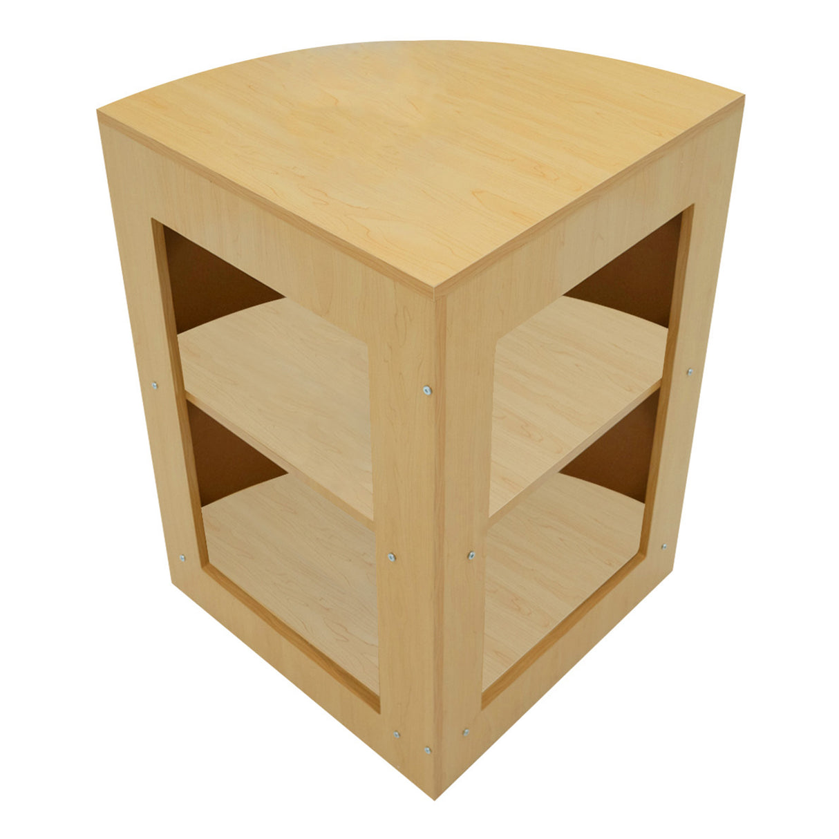 Bancone negozio angolare in legno d'acero chiaro, con ripiani aperti e finitura liscia, ideale per esposizione prodotti