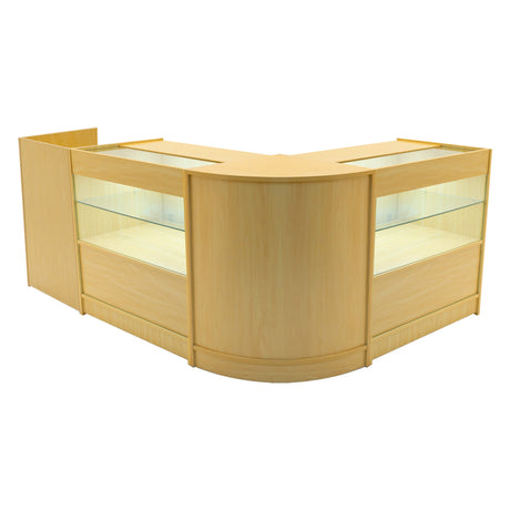 Set banconi negozio Phoenix in legno d'acero chiaro, con ripiani in vetro, design elegante e angolare, ideale per esposizione prodotti
