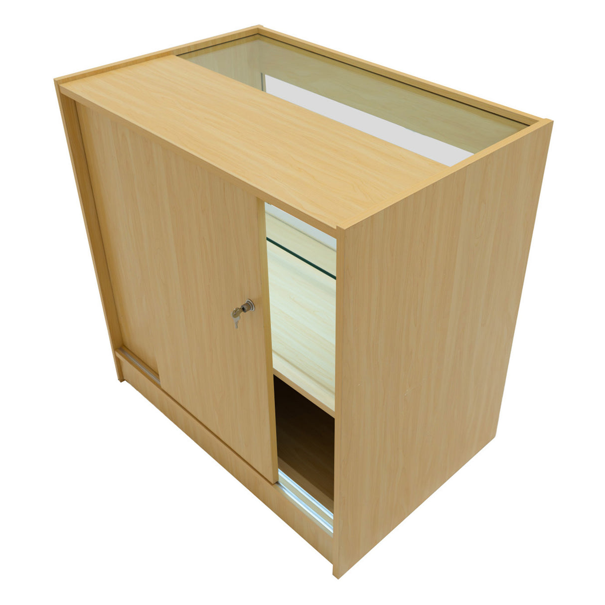 Bancone negozio in legno d'acero con finitura chiara, vetro superiore, illuminazione LED e chiusura a chiave, design moderno e funzionale
