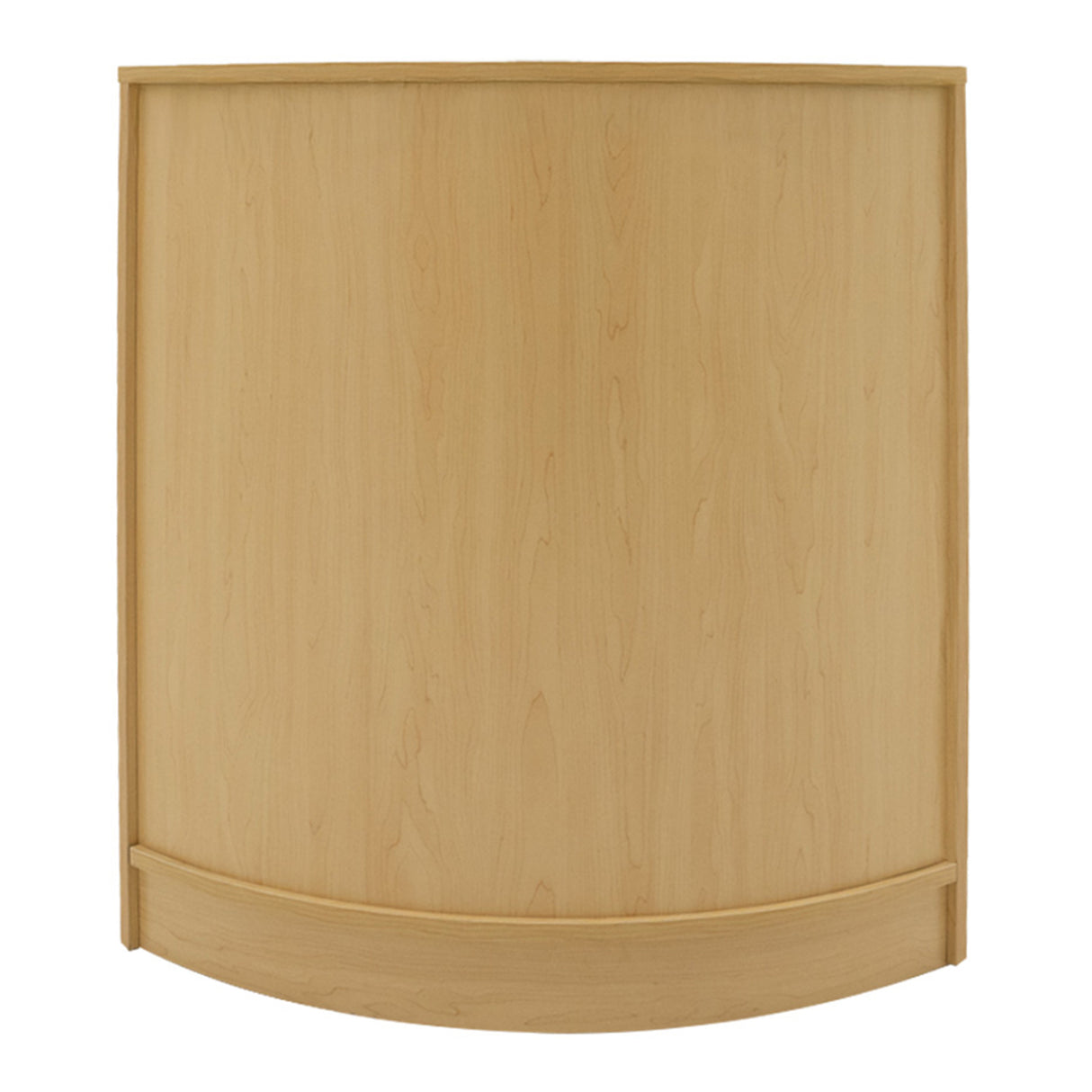 Bancone negozio curvo in legno d'acero chiaro, superficie liscia e finitura naturale, ideale per esposizione e vendita di prodotti