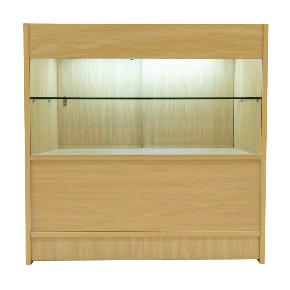 Set banconi negozio Phoenix in legno d'acero chiaro con illuminazione LED, ripiano in vetro e cassetto inferiore per esposizione prodotti