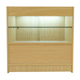 Set banconi negozio Phoenix in legno d'acero chiaro con illuminazione LED, ripiano in vetro e cassetto inferiore per esposizione prodotti