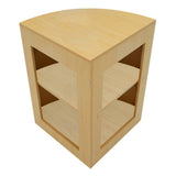 Bancone negozio angolare in legno d'acero chiaro con ripiani aperti, design moderno e finitura liscia, ideale per esposizione prodotti