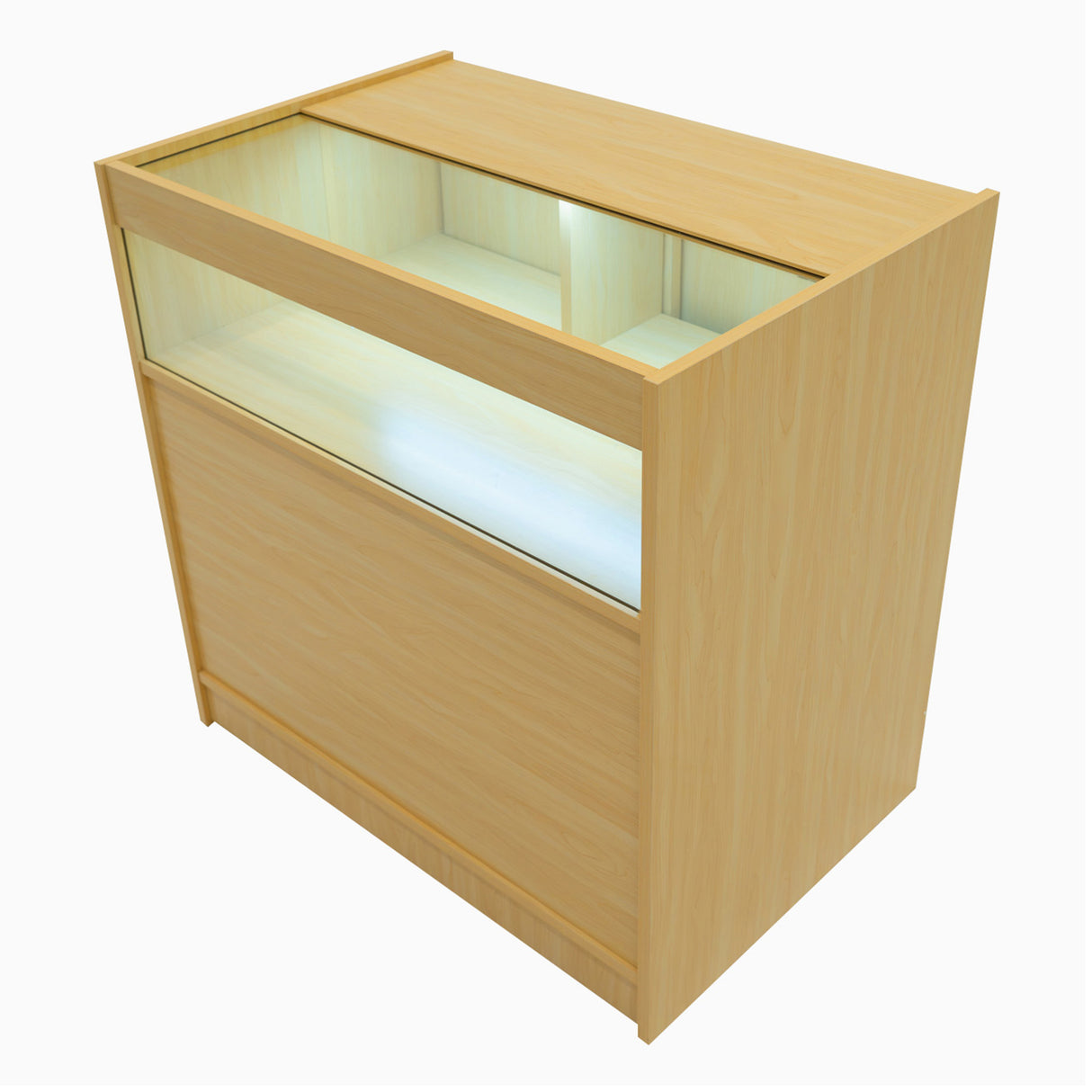 Bancone Gravity in legno d'acero chiaro, con superficie liscia, vetro trasparente e illuminazione LED integrata per esposizione elegante