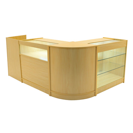 Bancone negozio angolare in legno d'acero chiaro, con ripiani in vetro e illuminazione LED, design moderno e funzionale