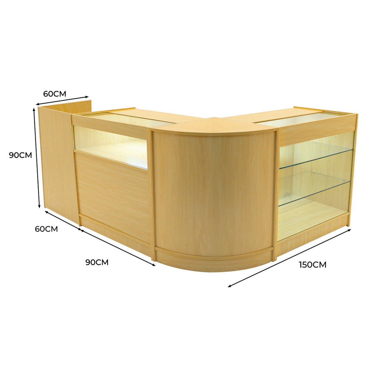 Bancone negozio in legno d'acero chiaro, design curvo, con ripiani in vetro, illuminazione LED, dimensioni 150x90x90 cm