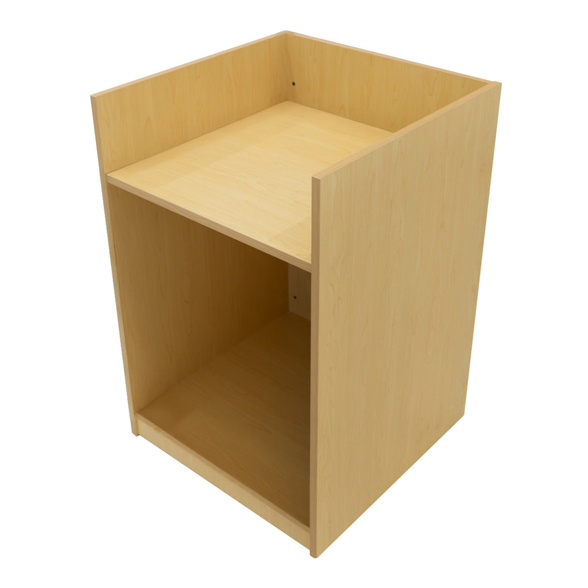 Bancone negozio in legno d'acero chiaro, con ripiano superiore e vano inferiore, design semplice e moderno, ideale per esposizione prodotti