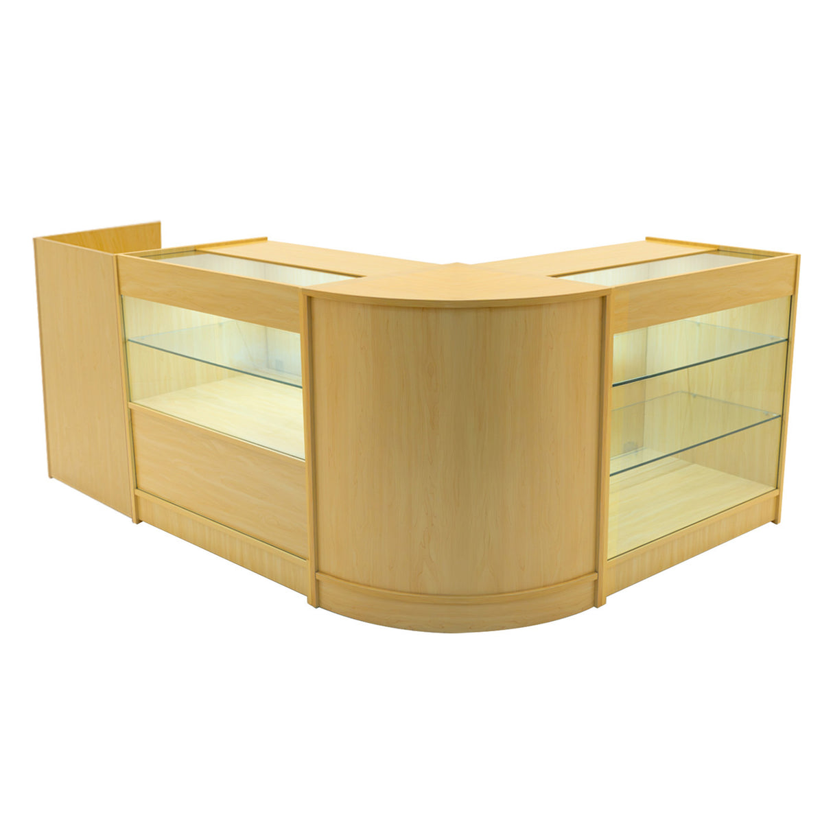 Set banconi Vega in legno d'acero chiaro, con ripiani in vetro e design curvo, ideale per esposizione e vendita di prodotti