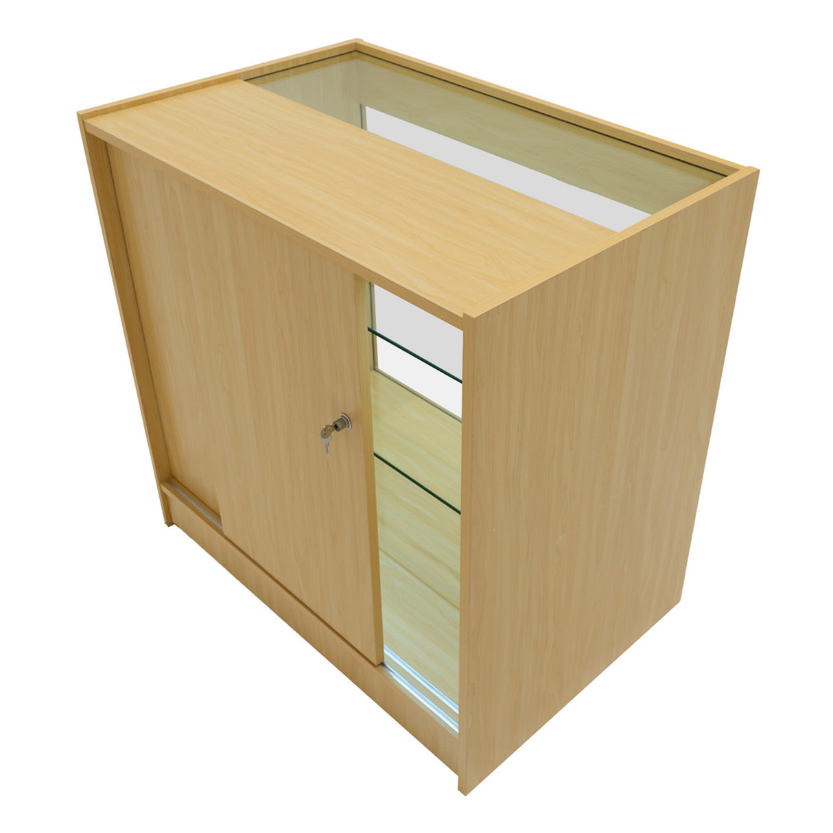 Bancone in legno d'acero con finitura chiara, ante scorrevoli e ripiani in vetro, design moderno e funzionale per esposizione prodotti