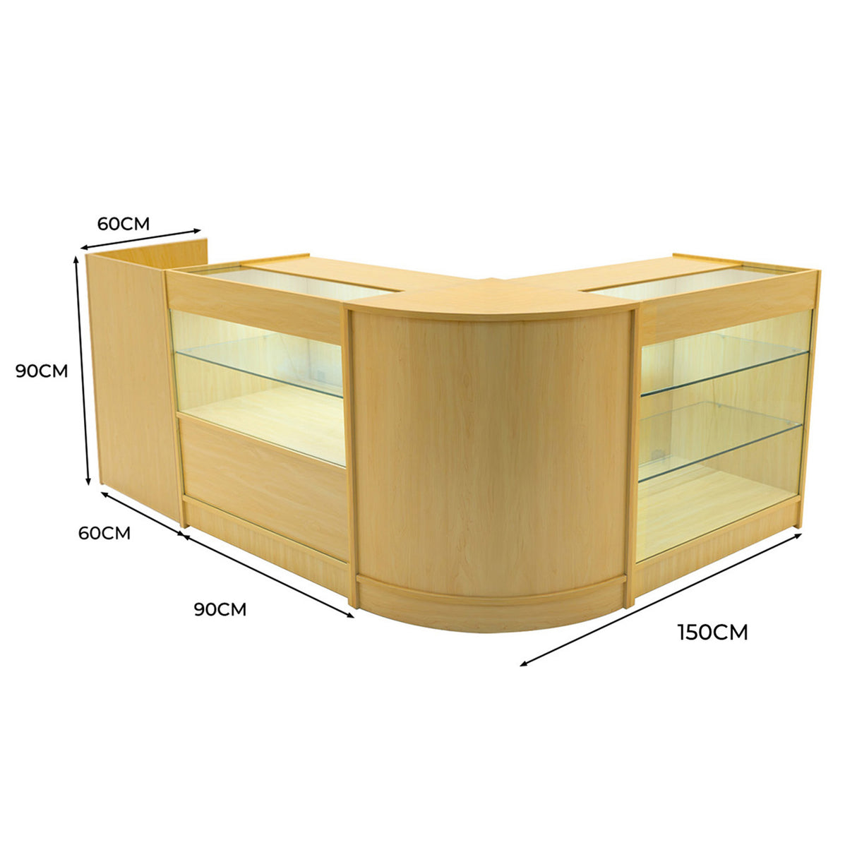Set banconi angolari in legno d'acero chiaro con ripiani in vetro, misure 150x90x90 cm, design elegante e moderno per esposizione prodotti