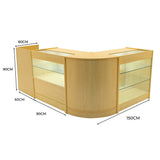 Set banconi angolari in legno d'acero chiaro con ripiani in vetro, misure 150x90x90 cm, design elegante e moderno per esposizione prodotti