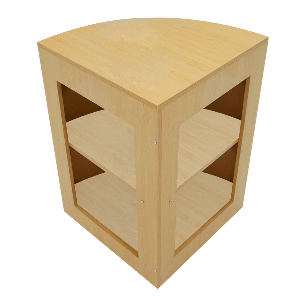 Bancone angolare in legno d'acero con finitura liscia, dotato di due ripiani aperti e angoli arrotondati per un design moderno